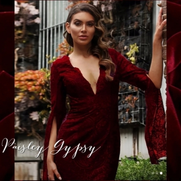 ELEGANT BURGUNDY DEEP V CONTRAST LACE FORMAL GOWN - Picture 3 of 12